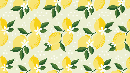 Seamless pattern of lemons with leaves and flowers on a light yellow background, repeated symmetrically