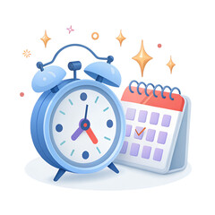 Illustration of a blue alarm clock and a calendar marking a specific day to symbolize planning time management and deadlines