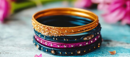 Colorful bracelets stacked on teal wooden surface with flowers in background