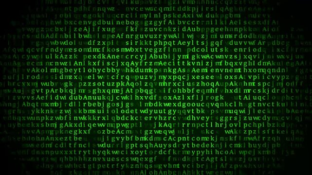 Abstract Matrix Motion Background. Encryption and digital security concept, flickering digital symbols. Cyber hacker attack data secure graphic user interface.