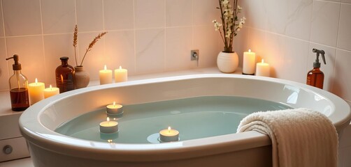 Peaceful bath with candles and essential oils, relax, serenity