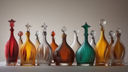 Colorful decorative vintage glass bottles arranged in a studio