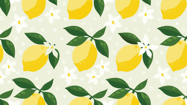 Seamless pattern featuring lemons with leaves and white flowers scattered on a light background design style