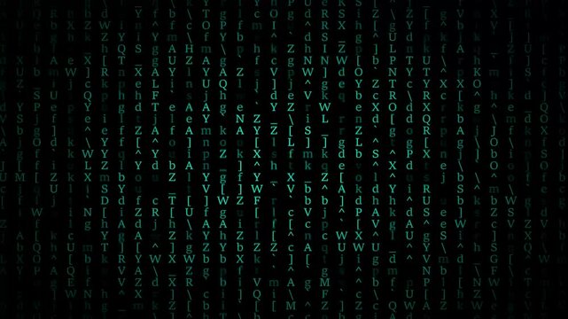 Abstract Matrix Motion Background. Encryption and digital security concept, flickering digital symbols. Cyber hacker attack data secure graphic user interface.