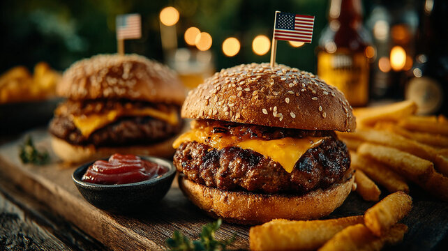 American Backyard: 4th of July Celebration. Burgers, lemonade, sauces, BBQ meat.