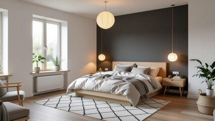 Modern minimalist bedroom showcasing scandinavian house style trends, dark grey walls, wooden details, bright airy feel. Concept of scandinavian house style trends with interior charm.
