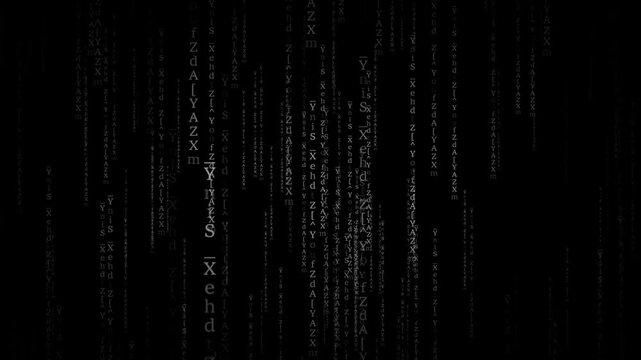 Abstract Matrix Motion Background. Encryption and digital security concept, flickering digital symbols. Cyber hacker attack data secure graphic user interface.