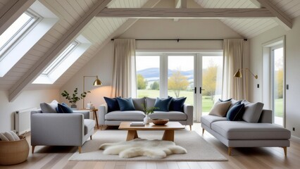Bright sunlit living room showcasing scandinavian house style trends, featuring cozy sofas, wooden elements, and large windows. Concept of scandinavian house style trends in interior design.