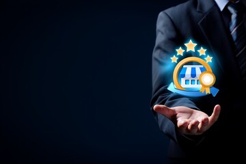 Business Hand Holding a Shop Icon with High Ratings