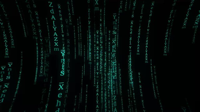 Abstract Matrix Motion Background. Encryption and digital security concept, flickering digital symbols. Cyber hacker attack data secure graphic user interface.