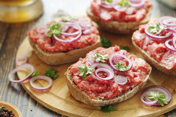 Traditional German sandwiches with minced meat Mettbroetchen	
