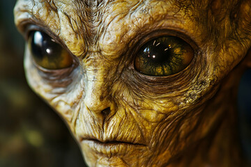 Close-up of a detailed alien face with large reflective eyes