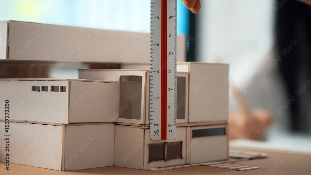 Aufkleber closeup image of skilled professional engineer hand using ruler measures house model on table with b