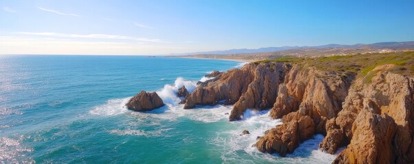 Obraz premium Ocean waves crashing against rugged cliffs dramatic coastal seascape