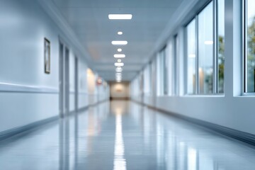 An outoffocus hospital hallway with doors windows and lights stretching into the distance