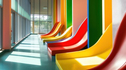 Colorful indoor play slides in modern facility with windows