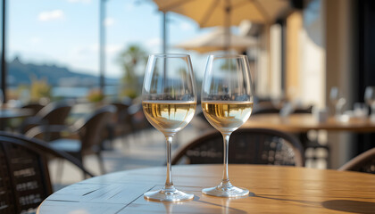 Two wine glasses on a table with a view of the water. The scene is relaxed and peaceful