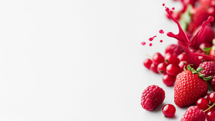 Fresh red berries including strawberries, raspberries, and cherries are splashed with vibrant juice on a clean white background, showcasing a burst of color and freshness with copy space
