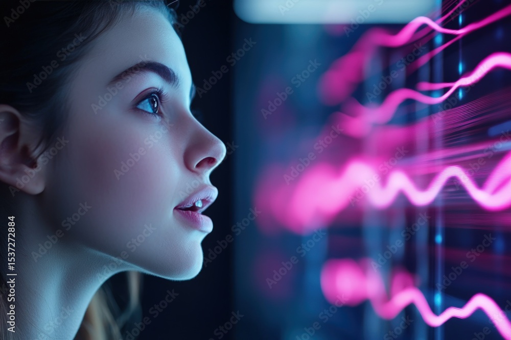 Poster woman observing dynamic data waveforms on futuristic digital display