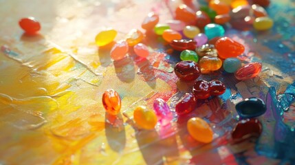 Colorful jelly beans on vibrant abstract art canvas, sunlight effect