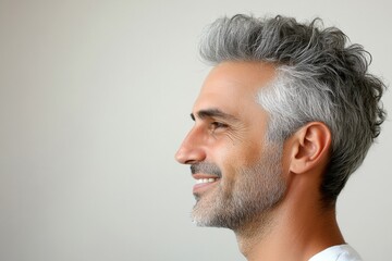 Obraz premium Pure white solid background. Concept art pattern of style for aging men. A happy man in a studio photo. Fashionable men's spiky hair haircut - midlife middle eastern man with middle hair.