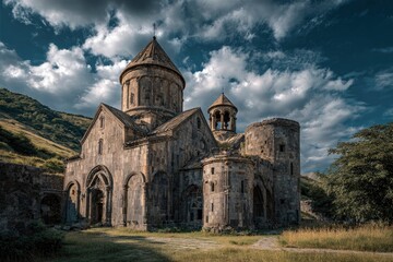 Ancient stone monastery with a tall central dome nestled against a dramatic cloudy sky and green hills