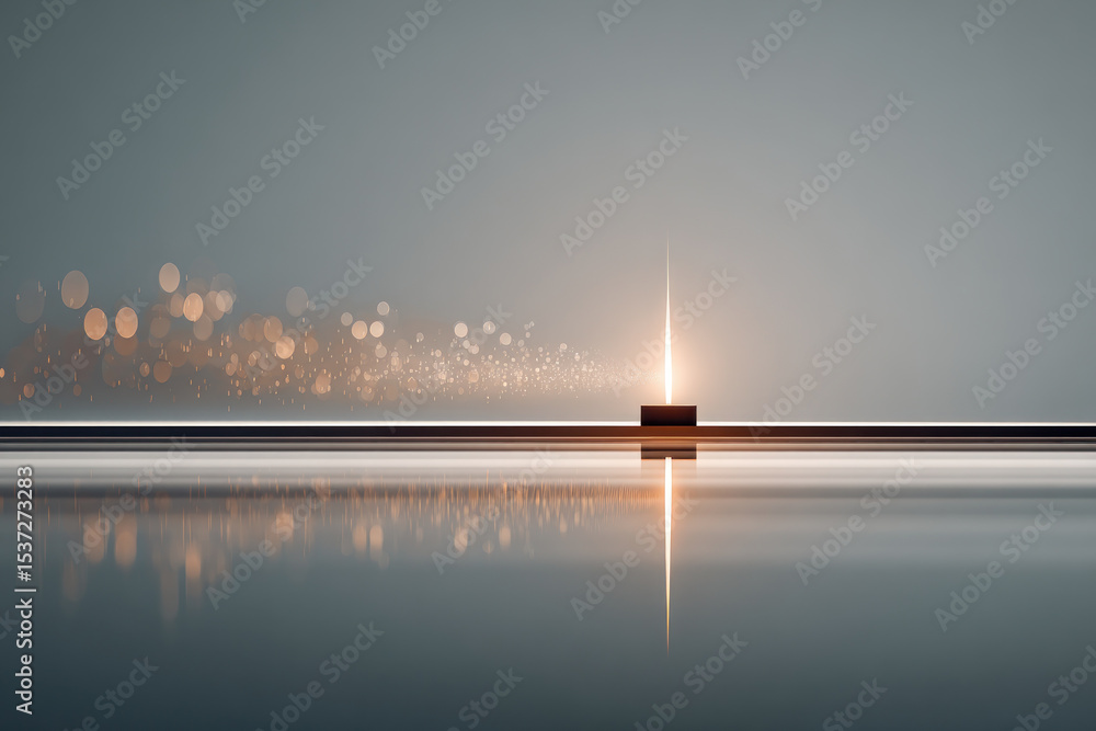 Poster a glowing candle stands on a reflective surface with soft bokeh lights creating a tranquil atmospher