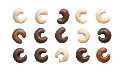 Chocolate-covered and plain cashew nuts arranged on white background
