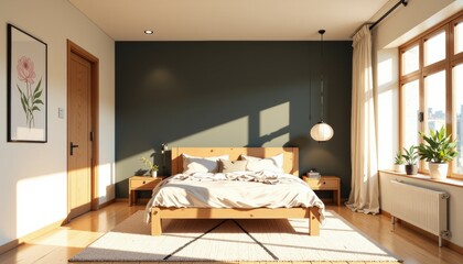 Bright, sunlit bedroom featuring wooden bed frame, white sheets, nightstands with plants, minimalist design. Concept of modern interiors reflecting scandinavian house style trends.