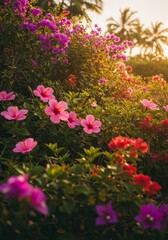Obraz premium Vibrant Pink and Purple Hibiscus and Bougainvillea Flowers at Sunset