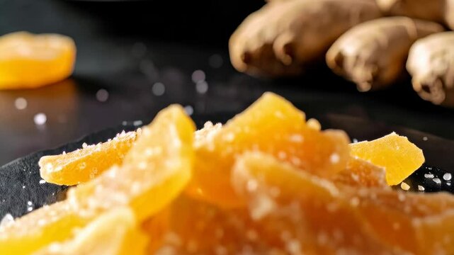 Close-up of crystallized ginger pieces with raw ginger in the background on a black slate plate shows textures and natural color.