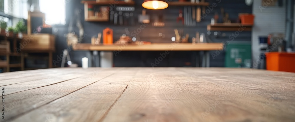 Poster rustic wooden table in blurred workshop setting background image for product displays