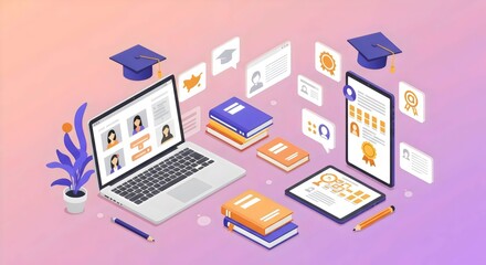 Obraz premium Digital Education Concept Featuring Remote Learning, Laptop Video Conferences, and E-Learning Modules