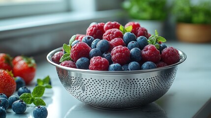 A metal colander filled with raspberries and blueberries, alongside fresh strawberries and mint leaves on a countertop near a window
