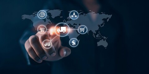 Man Pointing at Global Supply Chain Icons on World Map for Logistics and Transportation. world map.