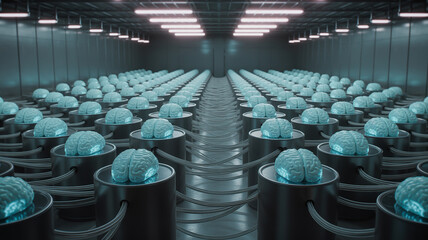 Artificial intelligence brain farm with rows of brains connected in a futuristic laboratory setting