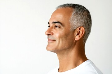 Fototapeta premium A gentle and elegant man with a warm presence. Concept art of style for aging men. Pure white solid background. Fashionable men's buzz cut haircut - midlife middle eastern man with short hai.