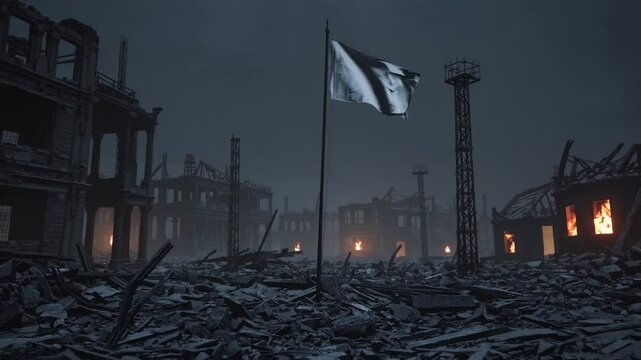 Post-apocalyptic landscape shows a white flag waving in the wind amidst the ruins of a destroyed city at dusk, with smoke and small fires still burning