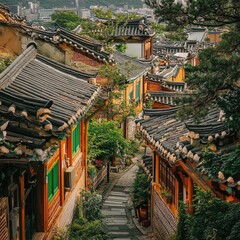 Fototapeta premium Asian alleyway, colorful homes, tiled roofs, lush greenery