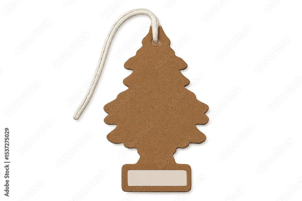 Poster cardboard christmas tree shaped price tag with string and blank label is hanging on a transparent ba