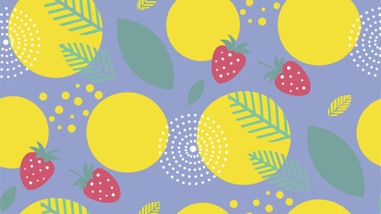 Whimsical pattern featuring yellow circles, green leaves, strawberries, and white dot accents on blue background