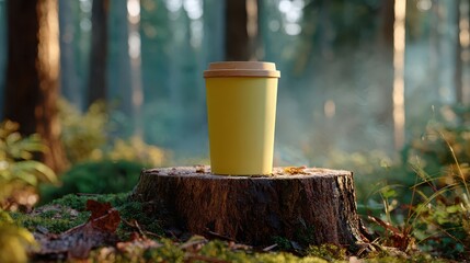 Obraz premium Butter yellow coffee cup mockup in forest