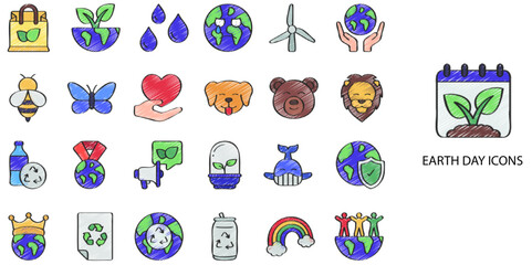 Fototapeta premium Earth Day simple concept 24 hand drawn color icons set .Vector illustration. 