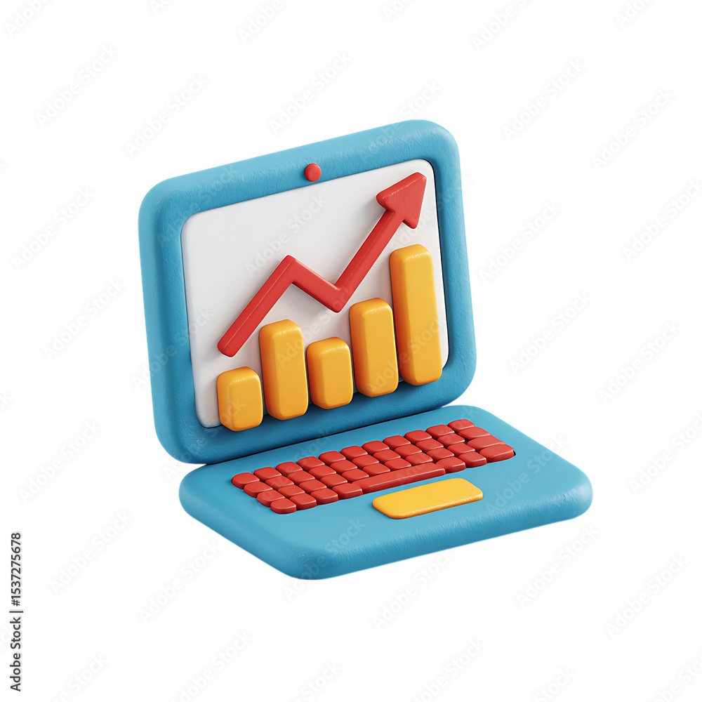 Poster 3d render of laptop showing upward trending graph isolated on transparent background