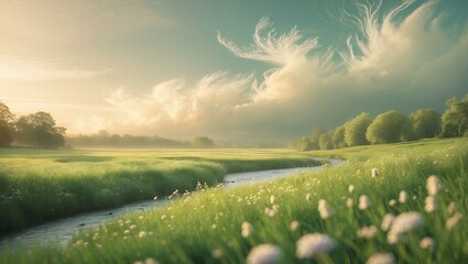 Fototapeta premium Gentle Stream Flowing Through Green Meadow with Scenic Sky Above
