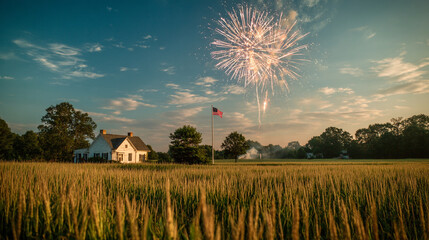 Fireworks bursting over a cornfield with a farmhouse and American flag in the distance.