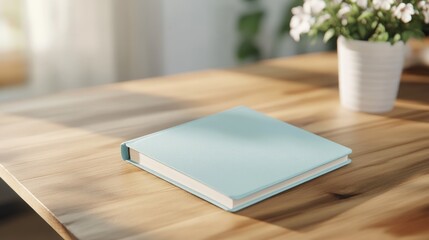 Fototapeta premium Light blue book on wooden table sunlight minimalist still life