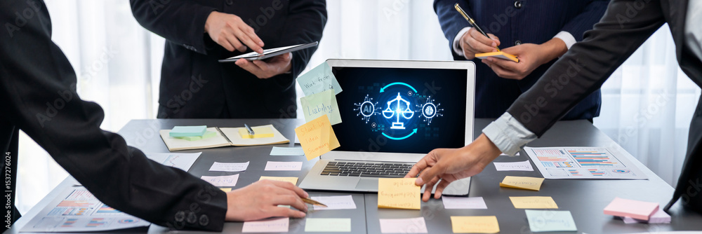 Poster ai ethics responsibility standard law and rules on computer screen provide report of ai ethic transp