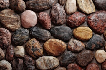 Assorted river rocks fill the frame showcasing smooth surfaces and varied colors