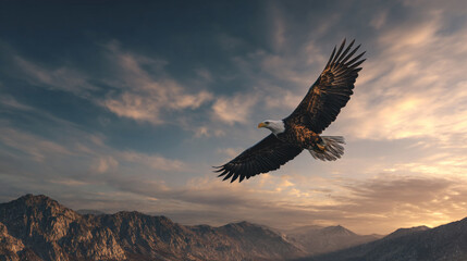 American eagle in mid-flight, clutching a small U.S. flag in its talons, flying past mountain peaks under dramatic sunset skies.